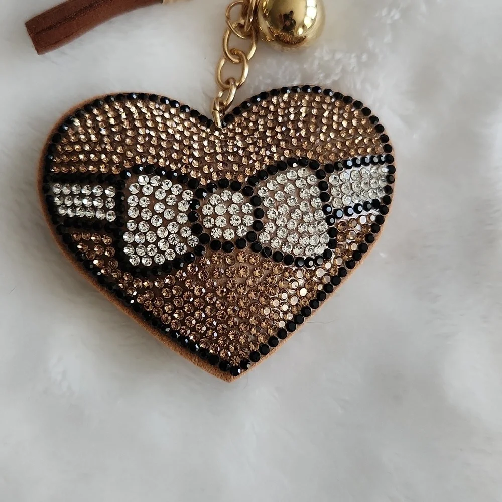 Heart-Shaped Rhinestone Keychain with Gold Accents Bag Charm - Picture 2 of 3